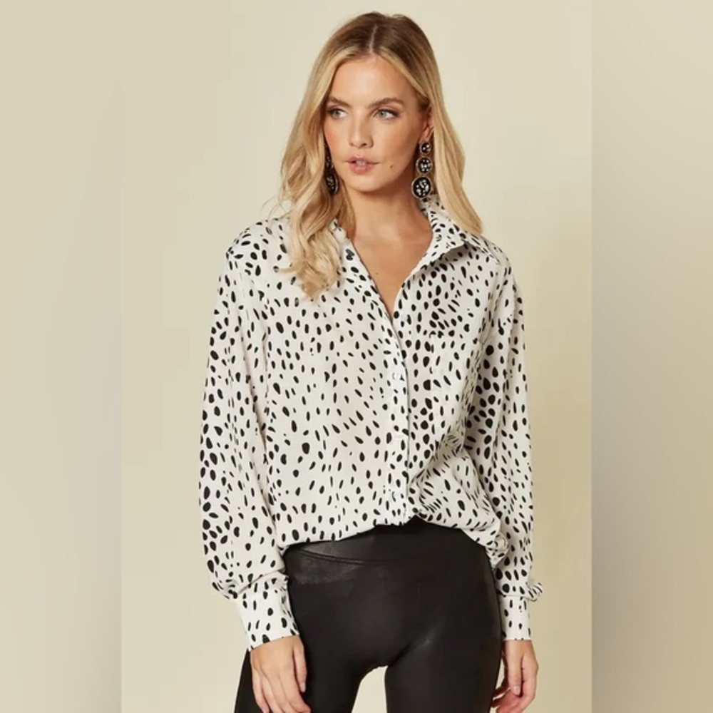 Women’s‎ Button Down Leopard White Black Top Size XL  Long Sleeve